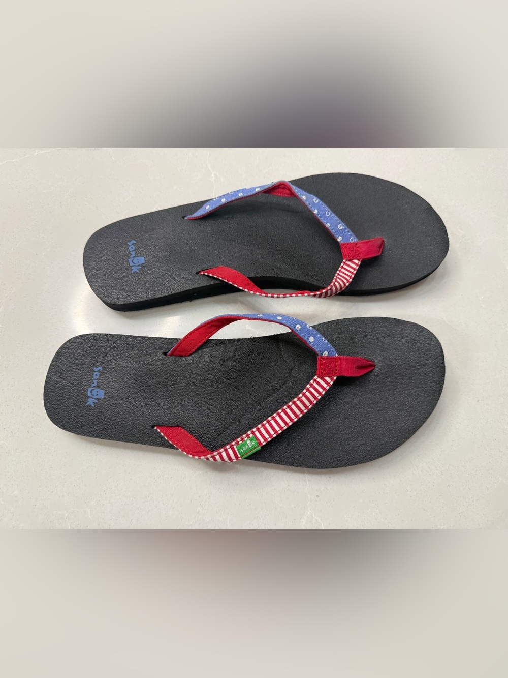 Sanuk Yoga Joy Funk Patriot America Dots/Striped Red & Blue Flip Flops, 7